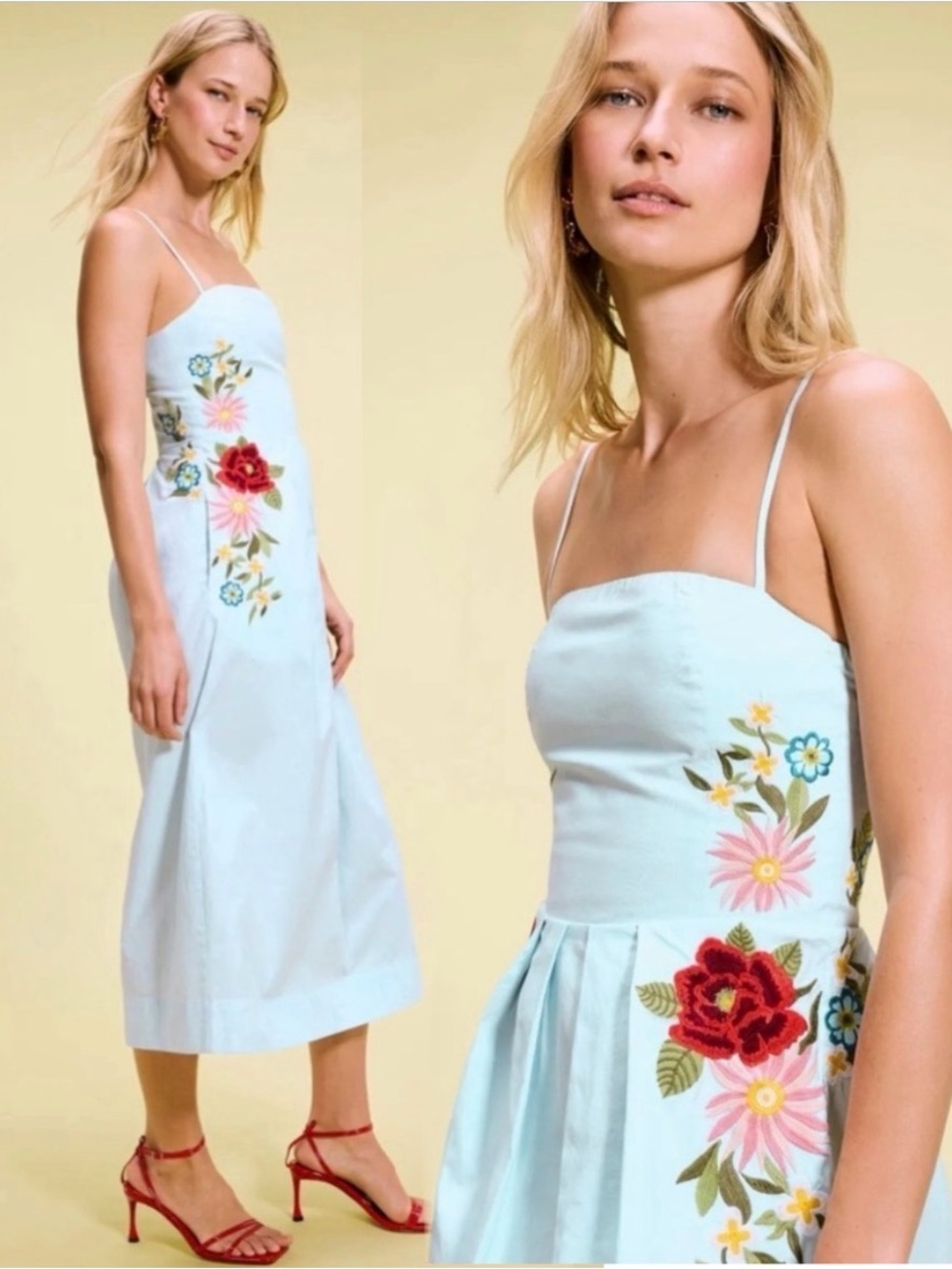 Fanm Mon SANDINE DRESS Elegant Floral Embroidered Light Blue Dress size medium